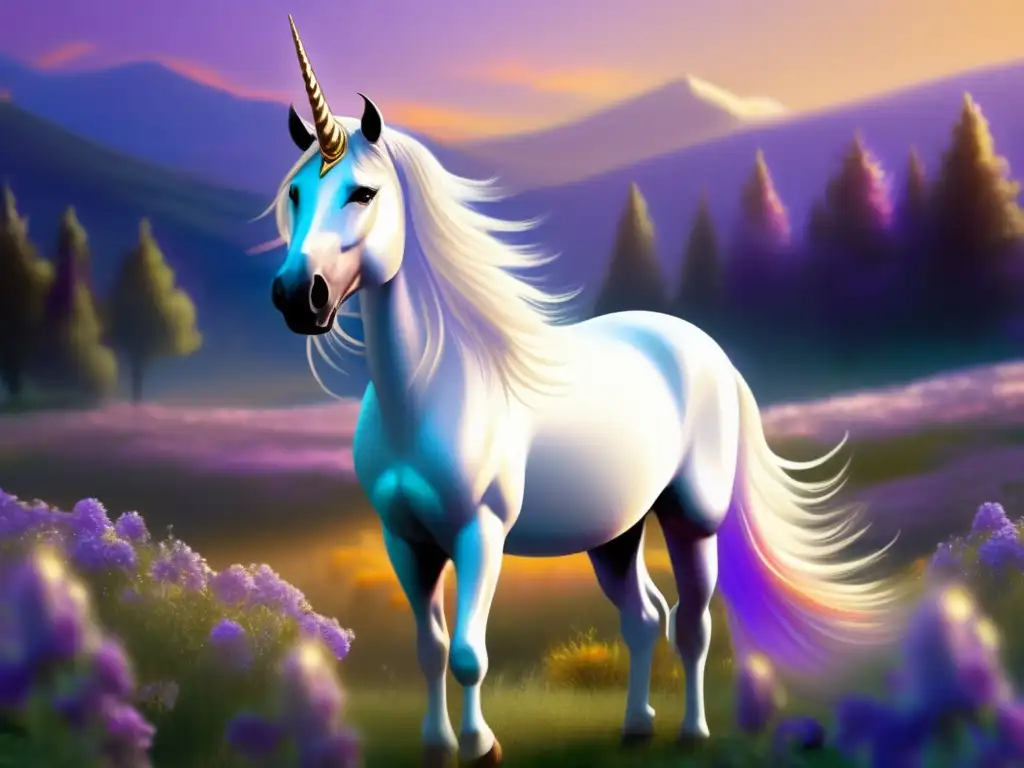 Majestuoso unicornio en prado mágico Unicornio en prado, bañado por atardecer
