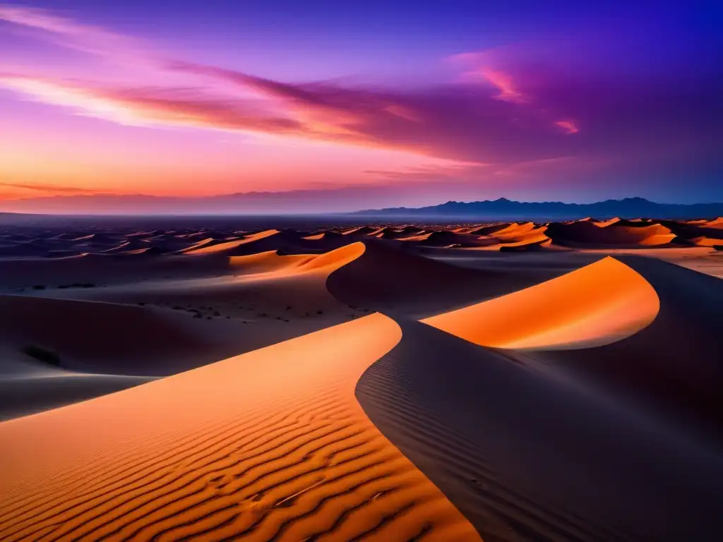 Paisaje de desierto al atardecer con duna iluminada por el sol, cielo colorido y ave misteriosa - Mitología africana: Criaturas del desierto