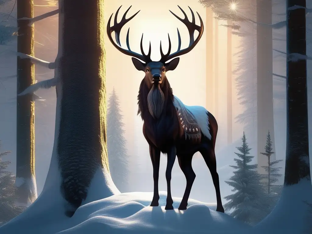 Significado Wendigos cultura nativa: Majestuoso Wendigo en bosque encantado, antleres al cielo, marcas lumínicas reflejan su existencia mística