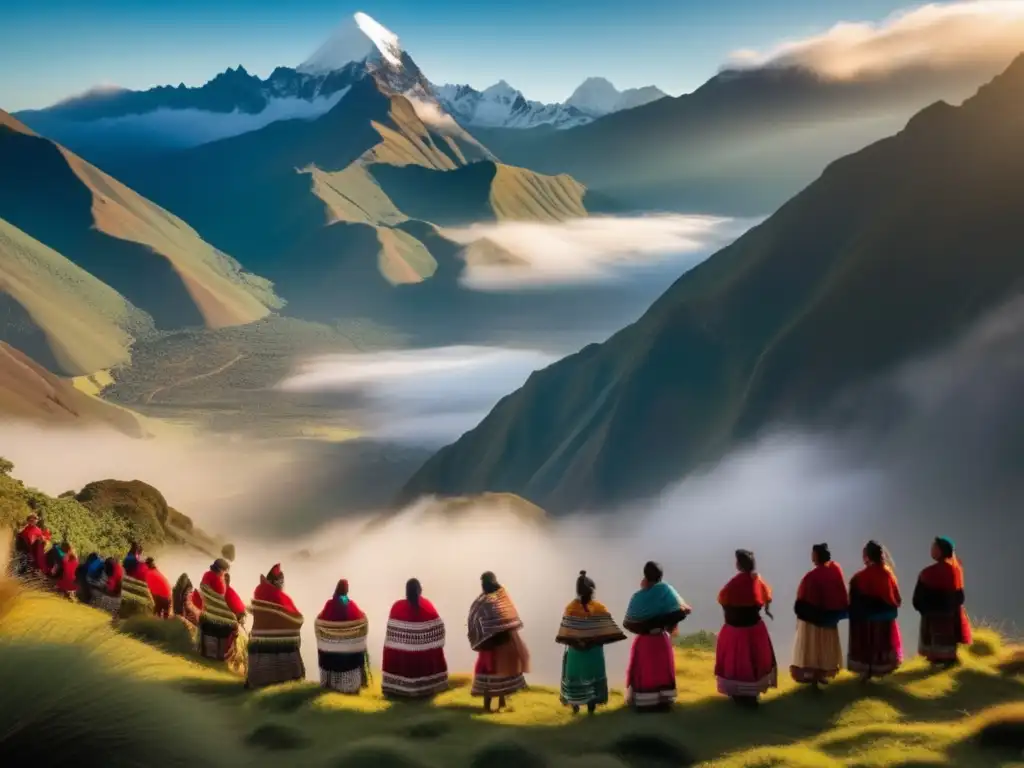 Espíritu Pachamama en majestuosas montañas Andinas al amanecer, con indígenas en ritual de gratitud y conexión a la naturaleza