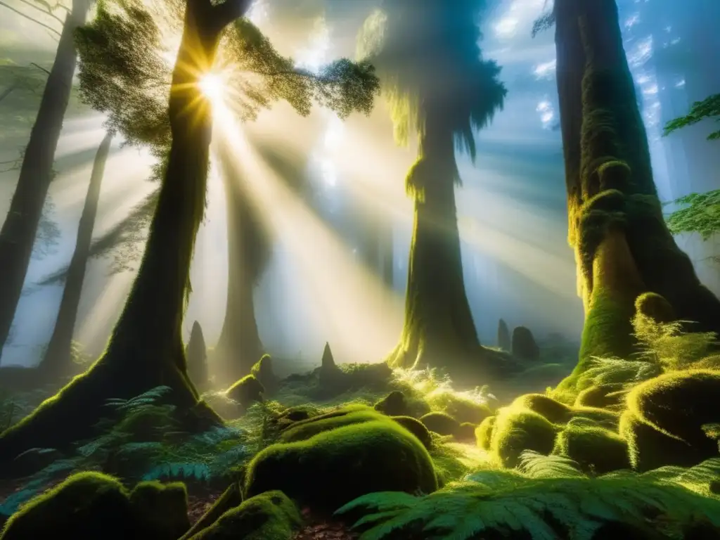 Desentrañando leyenda asiática colosos: Imagen mística de un bosque cubierto de niebla, con árboles antiguos que se alzan hacia el cielo