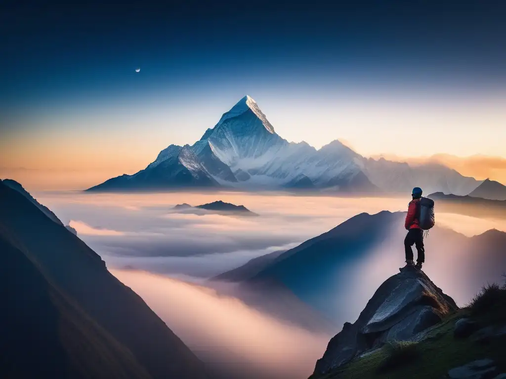 Majestuosas montañas del Himalaya, envueltas en niebla y bañadas por la suave luz del amanecer