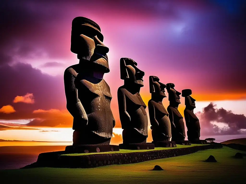 Criaturas míticas de la Isla de Pascua en un paisaje impresionante de Moais al atardecer