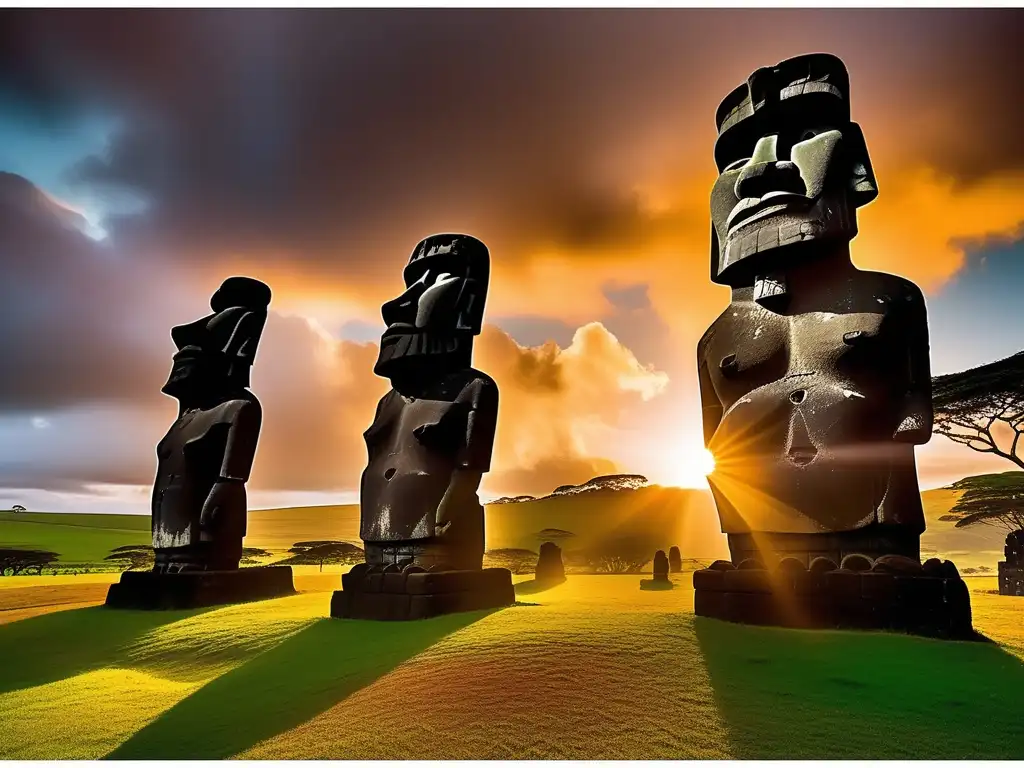 Moai en el atardecer: Criaturas míticas de la Isla de Pascua