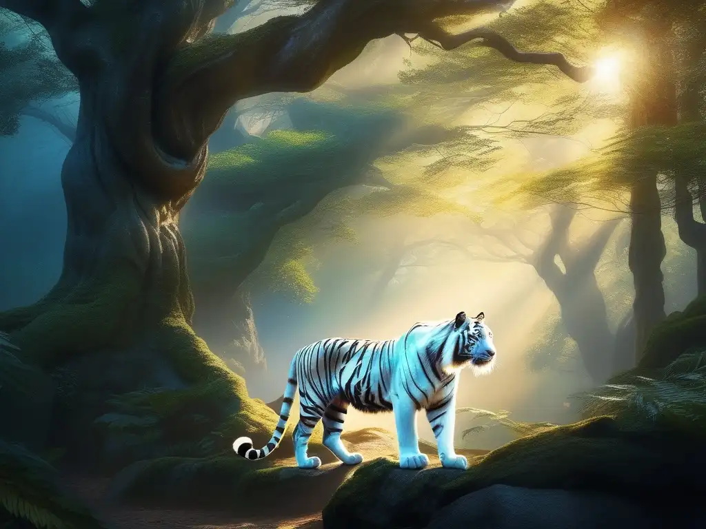 Espíritus animales de la mitología coreana en un bosque místico: tigre blanco, dragón azul y fénix resplandeciente