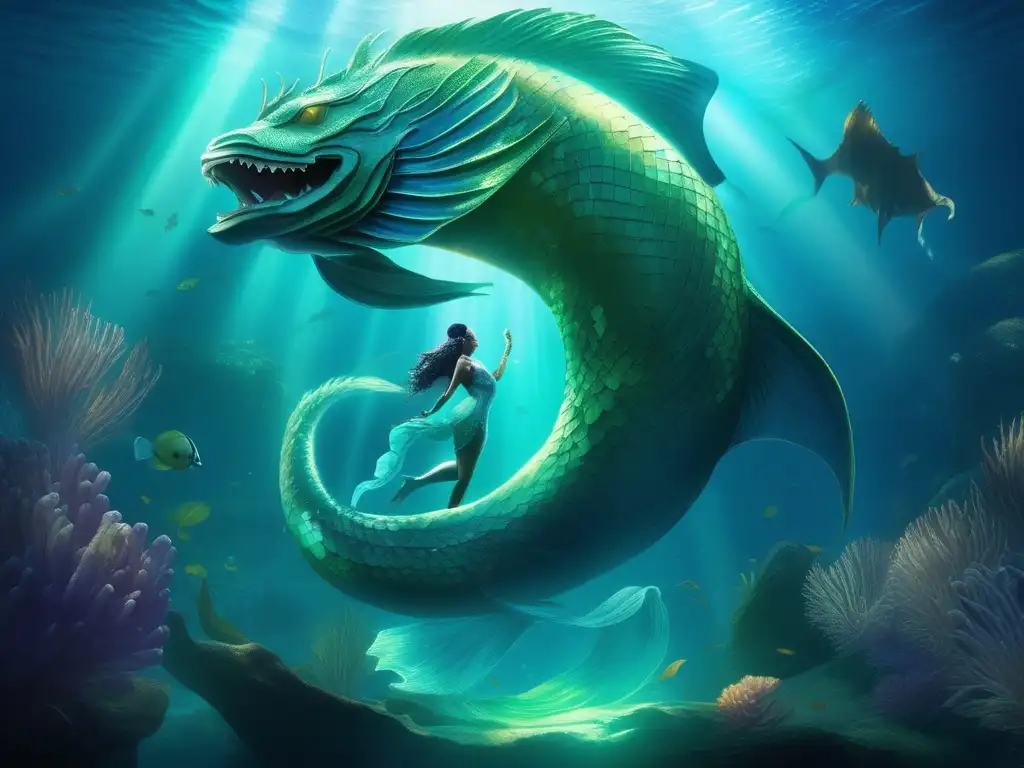 Monstruo marino Mami Wata: Misterio y leyenda, bajo tonos azules y verdes