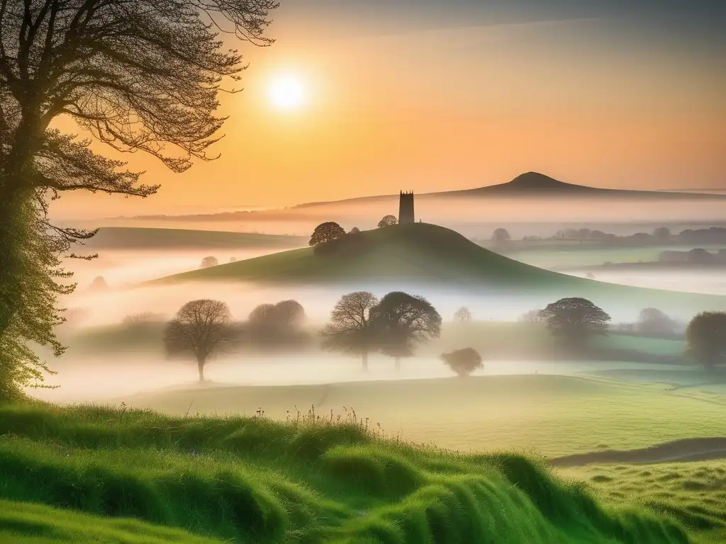 Descubriendo la verdad de Avalon: misteriosa imagen de Glastonbury Tor envuelto en neblina, rodeado de campos verdes y ruinas antiguas