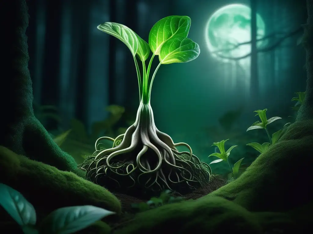 Mandrágora: planta mágica en bosque lunar -