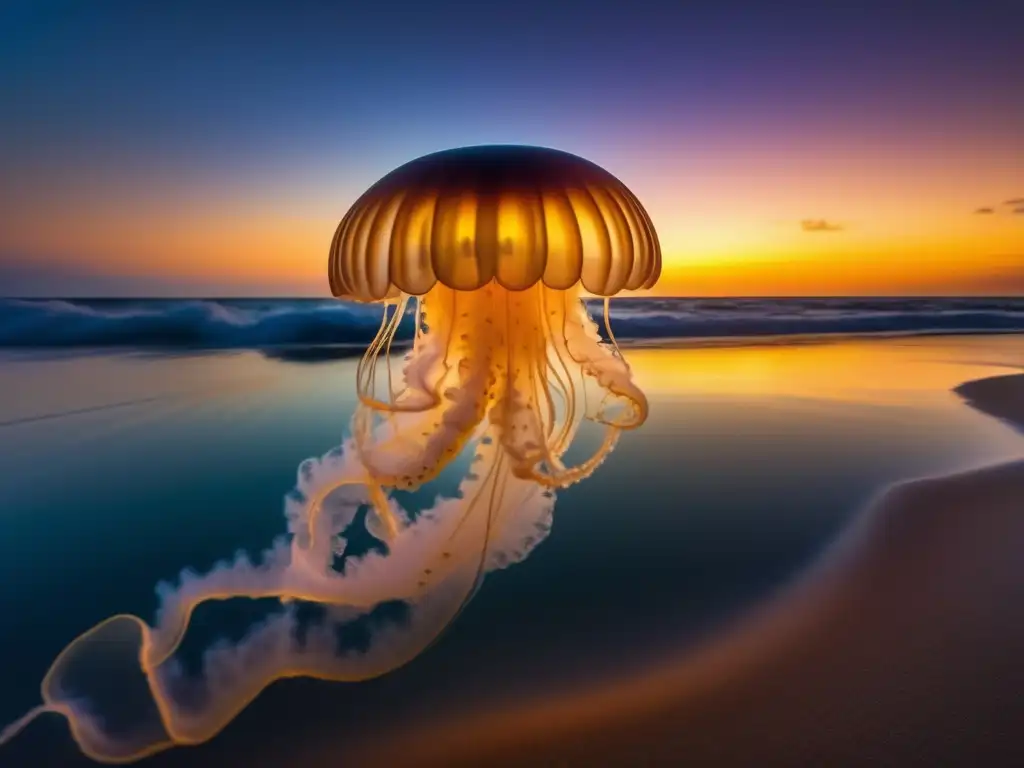 Un mar vasto y brillante con una medusa majestuosa y mística, rodeada de criaturas marinas, evoca la mitología de las medusas en Grecia