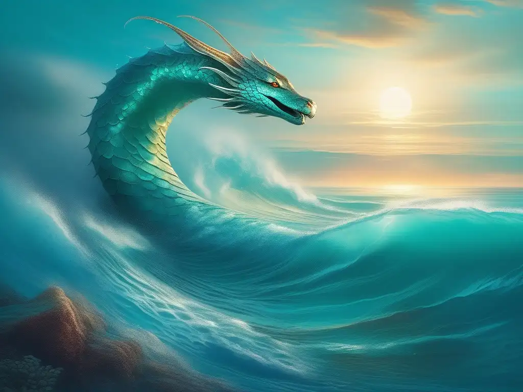 Majestuoso ser marino emerge de las profundidades Criatura mítica El Mo'o emerge en un océano turquesa, evocando la esencia del mar - Criaturas mitológicas de Oceanía exploradas