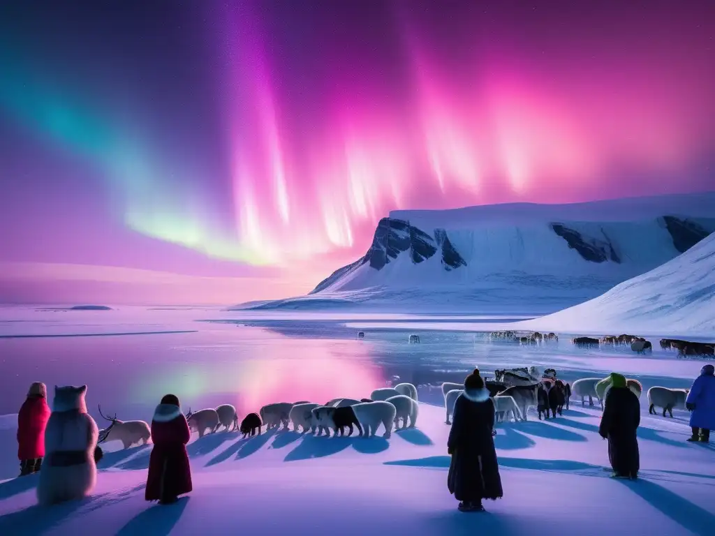 Paisaje ártico con auroras boreales y espíritus de la naturaleza Inuit