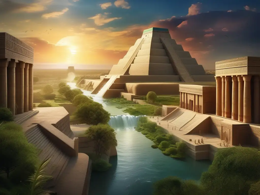 Influencia dioses mesopotámicos criaturas legendarias en paisaje místico, majestuosas ziggurats, seres mitológicos y encanto