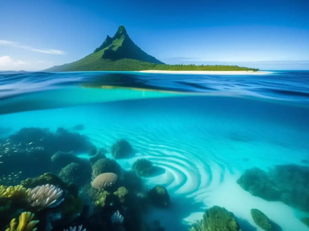 Criaturas mitológicas Islas Marshall en agua cristalina rodeadas de coral y peces tropicales