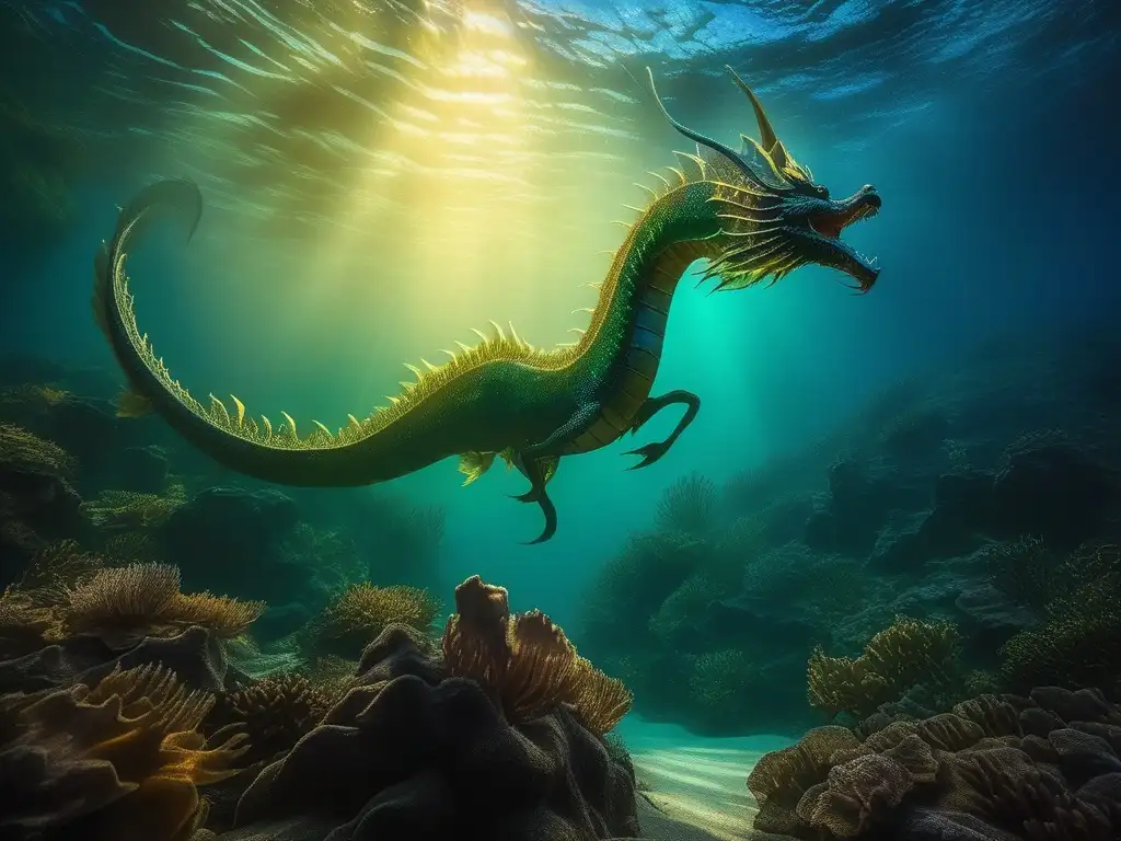 Monstruos marinos mitología asiática: Dragón Marino, Qilin Acuático y Kraken Oriental en paisaje submarino misterioso y fascinante