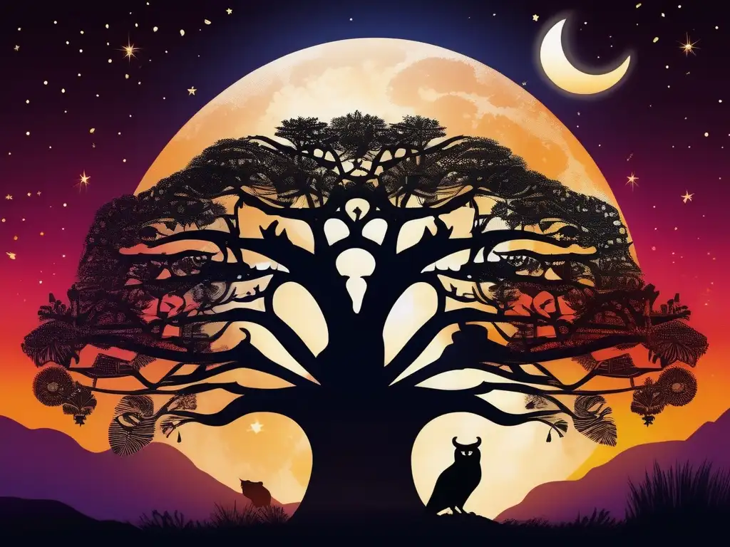 Paisaje africano con árbol Baobab y máscara de búho: Culto dios búho cultura africana