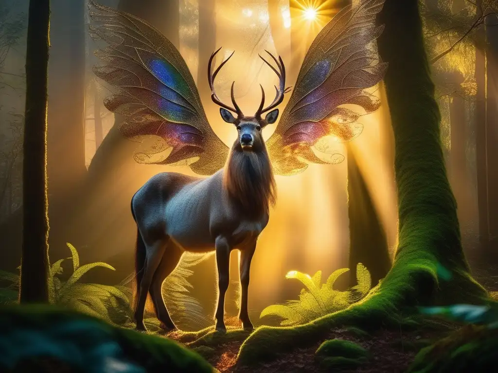 Bosque místico con Mascota Mítica Mascota Mítica en bosque encantado, evoca imaginación y significado de los cuentos (110 caracteres)