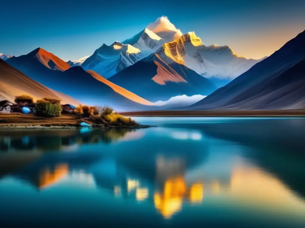 Creencias en el más allá del budismo tibetano: paisaje montañoso sereno con figura meditando y lago reflejando cielo y puesta de sol