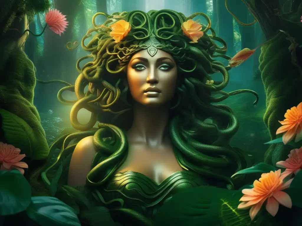 Medusa, criatura mitológica aterradora en un bosque místico y luminoso