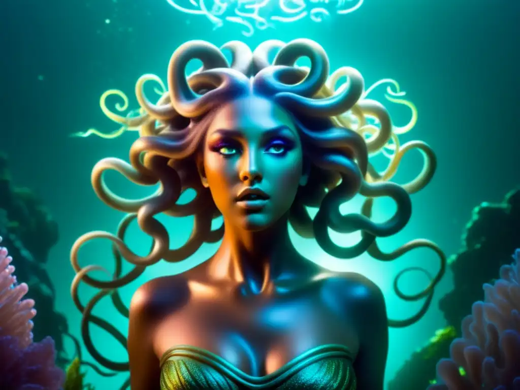 Medusa, criatura mitológica aterradora, flota entre medusas en un reino submarino místico y etéreo