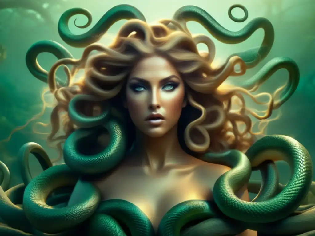 Medusa rodeada de serpientes en una imagen hipnótica y mística