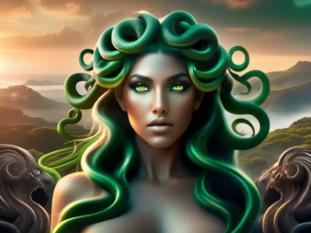 Importancia simbólica de Medusa en Grecia: imagen mística y cautivadora de la poderosa Gorgona con cabello serpenteante y ojos verdes