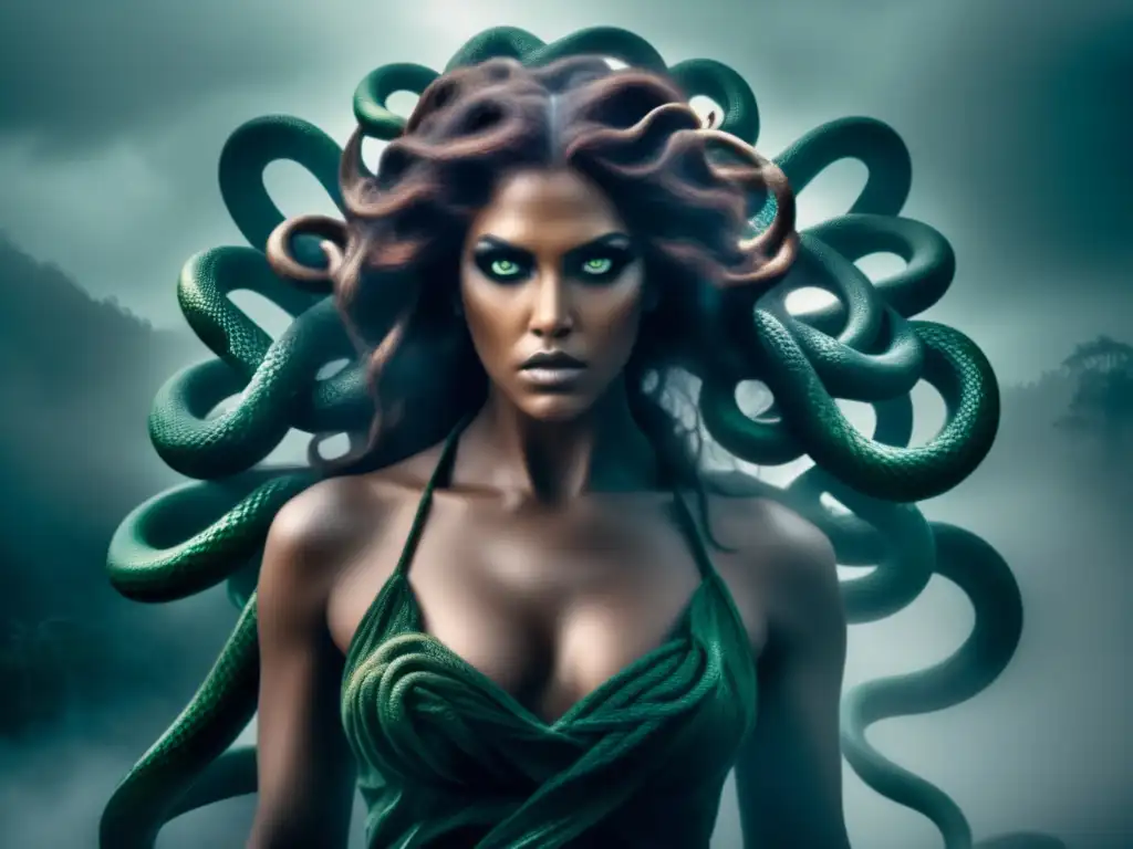 Medusa, monstruo de ojos brillantes y cabello de serpientes, en un entorno misterioso y oscuro