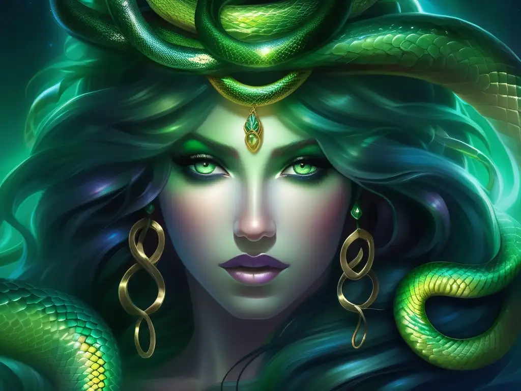 Medusa, criatura mitológica aterradora, serpientes iridiscentes, aura mística, ojos verdes penetrantes, energía sobrenatural