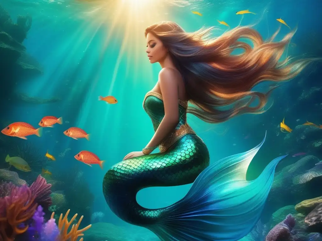 Sirena mitológica emerge en escena submarina, rodeada de seres fantásticos y coral vibrante - Historia de las sirenas mitológicas