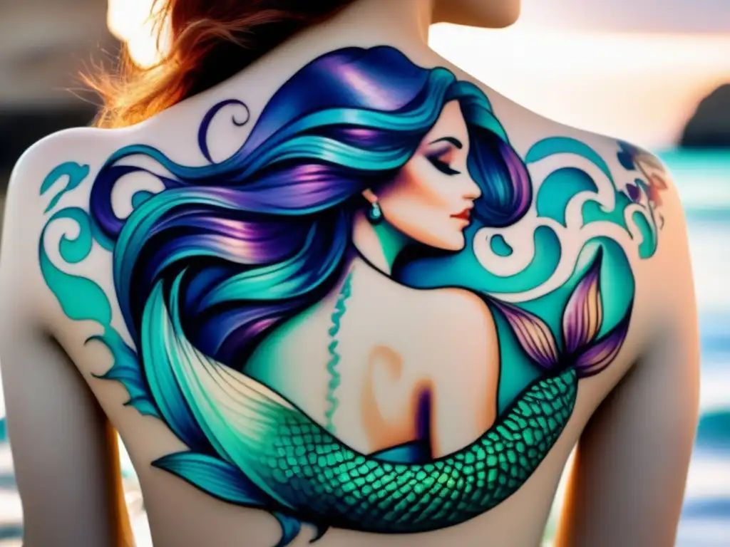 Tatuaje sirena: significado y simbolismo, mujer con piel clara y tatuaje en hombro, colores vibrantes, detalles intrincados, aura mágica