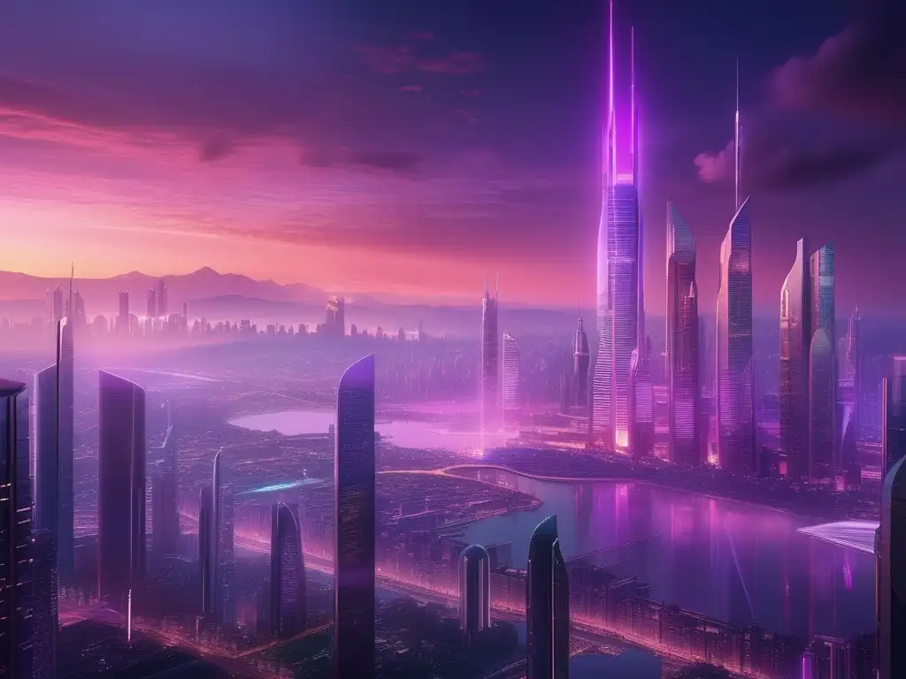 Futurista ciudad con rascacielos y seres genéticamente modificados Seres futuristas en la ciencia ficción en una impresionante imagen 8k de una ciudad futurista al atardecer
