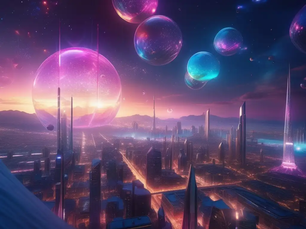 Futuro distópico: Metrópolis cristalinas y seres futuristas Seres futuristas en paisaje celestial de ciencia ficción