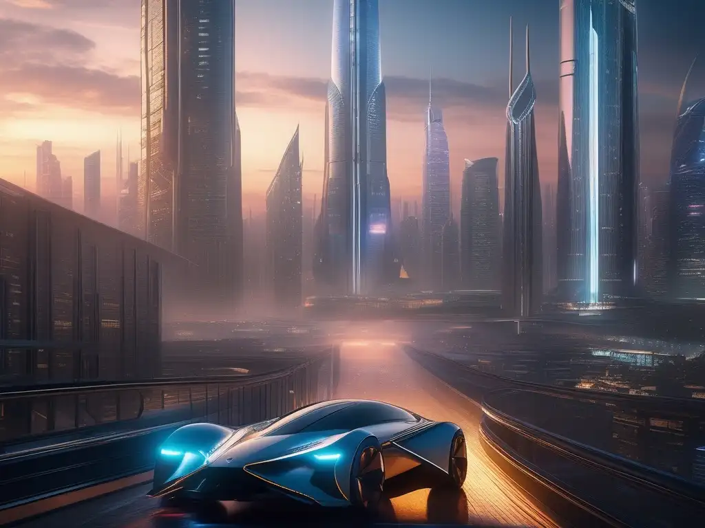 Futurista ciudad con rascacielos y seres humanoides Seres futuristas en la ciencia ficción: Ciudad futurista, rascacielos, vehículos voladores, humanoides y tecnología