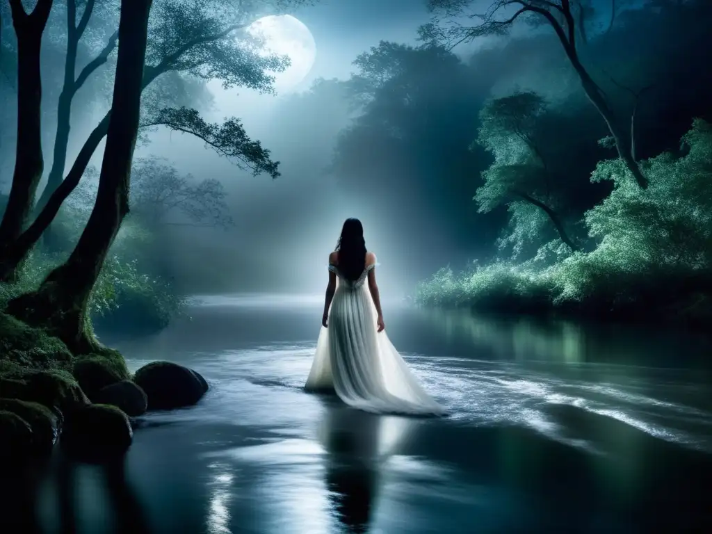 Imagen misteriosa de La Llorona en un bosque encantado bajo la luna, evocando leyendas