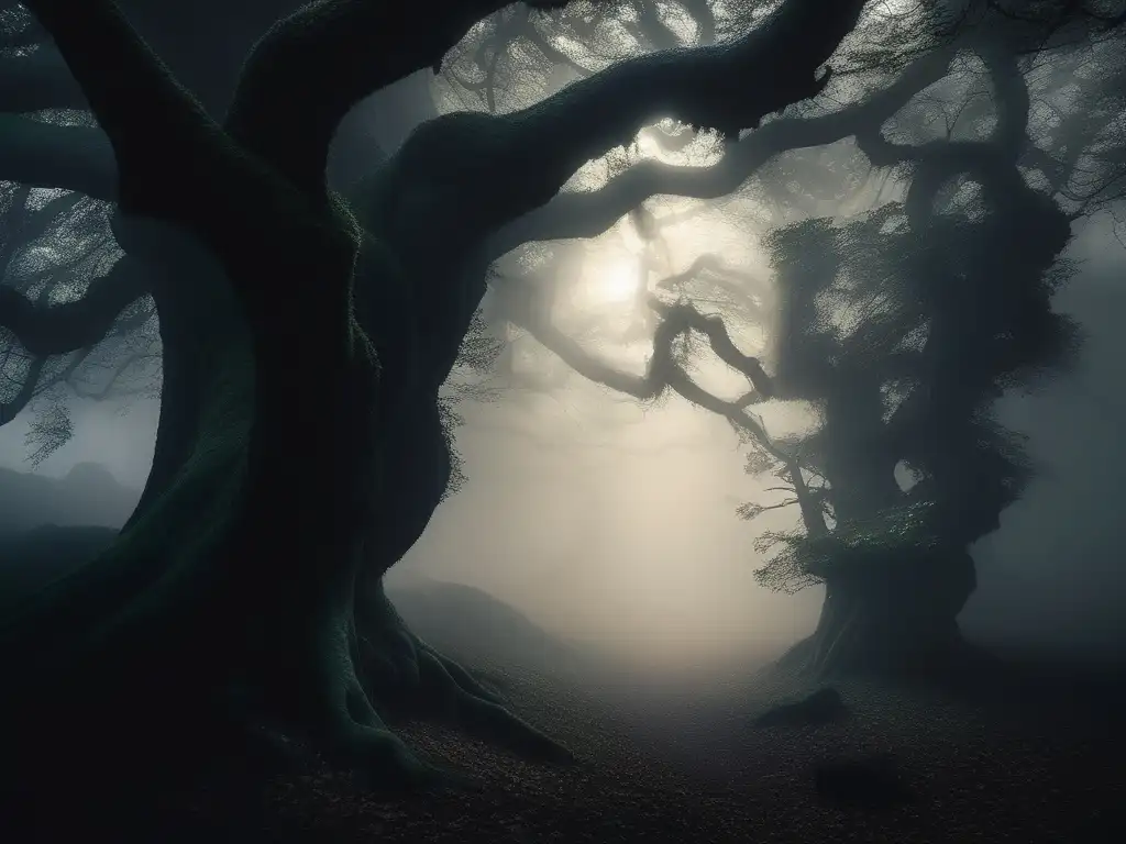 Transformaciones trolls literatura cine - Imagen misteriosa y encantadora de un bosque iluminado por la luna, envuelto en una suave niebla