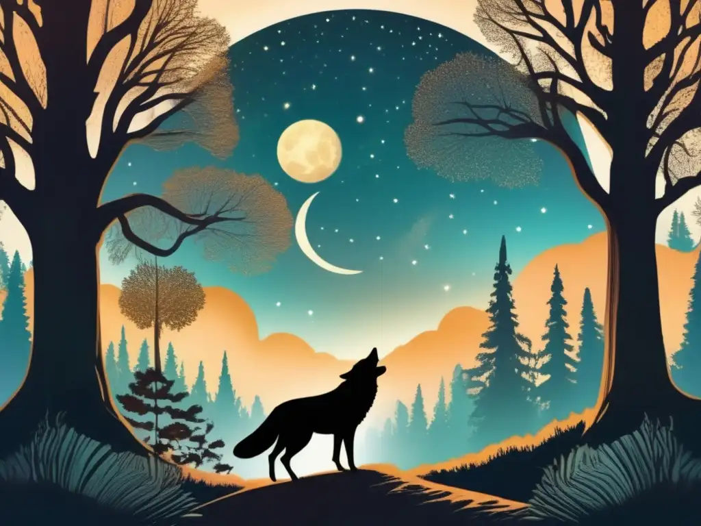 Imagen: Mitología del hombre coyote en la cultura nativa, bosque místico con luna y árboles