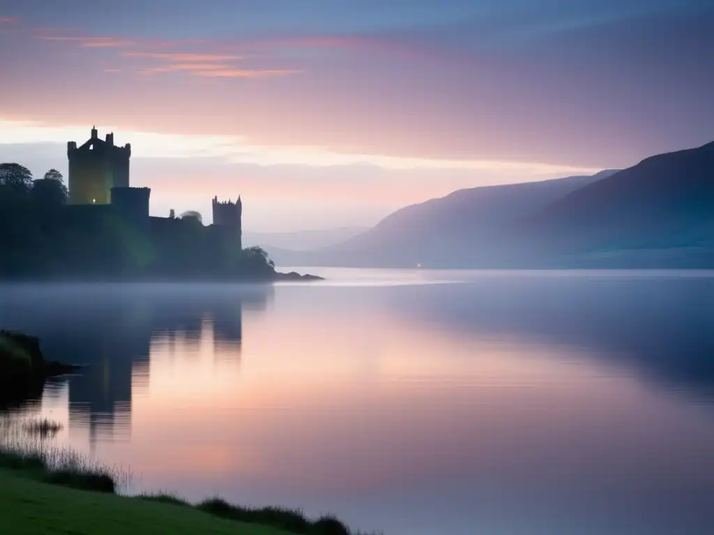 Paisaje de ensueño en el Loch Ness al atardecer con el Monstruo del lago Ness avistamientos