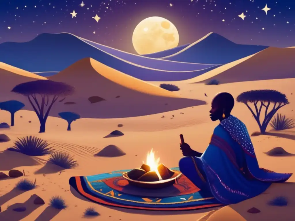 Paisaje africano nocturno con dunas de arena, fogata y sabio africano rodeado de amuletos