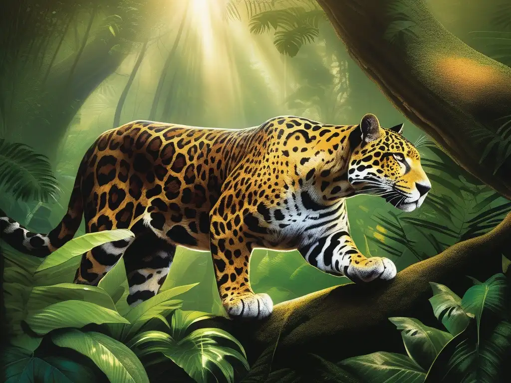 Espíritus de la Selva en Mitología Americana - Jaguar y seres místicos en un exuberante bosque