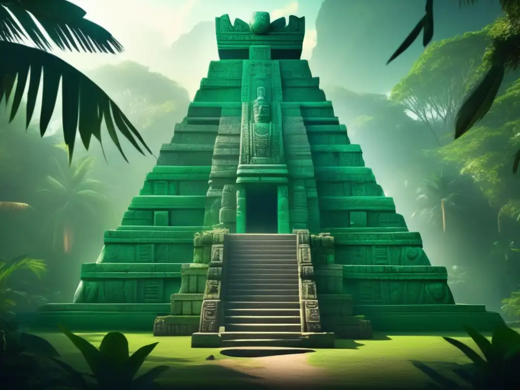 Transformación mitología maya: escena mística en la selva maya con la deidad Kukulkán y la Serpiente Emplumada