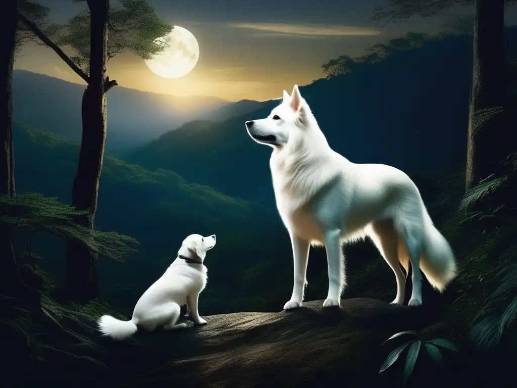 Espíritus animales en mitología coreana: escena mística con perro blanco, gato negro y lobo gris