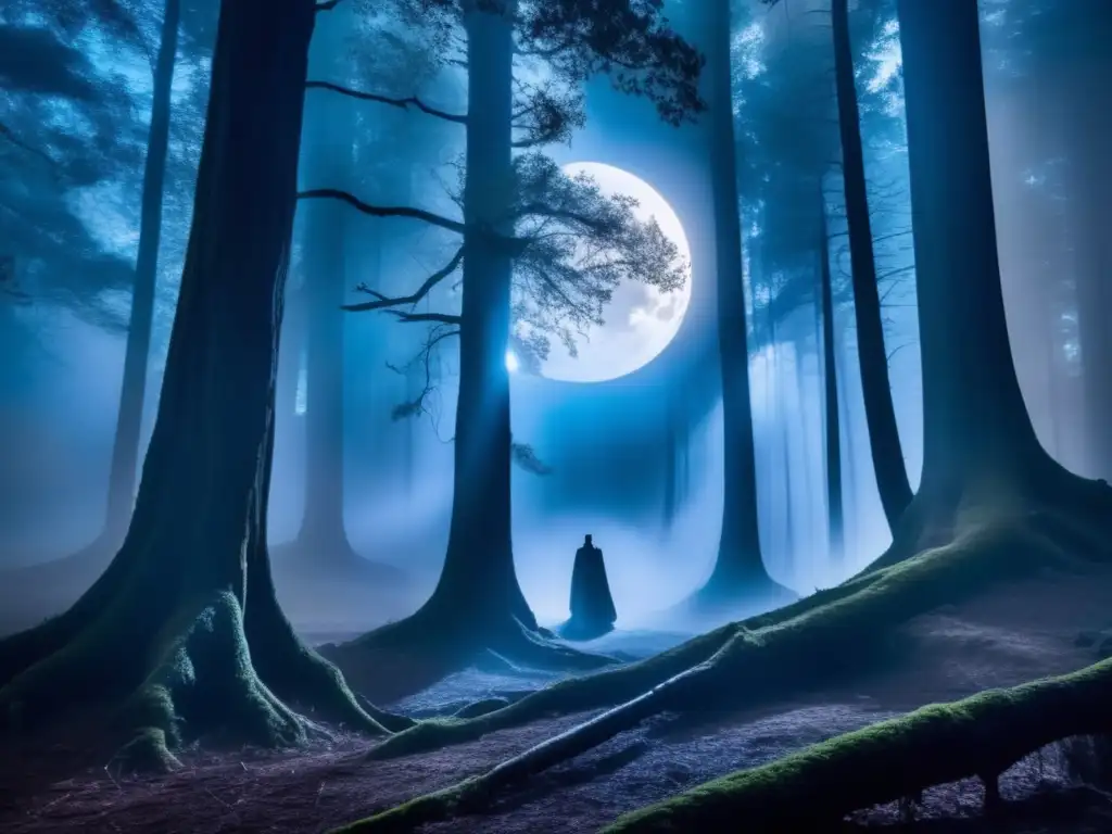 Reflexiones sobre héroes y villanos mitológicos en un oscuro bosque iluminado por la luna, con niebla y misteriosa figura