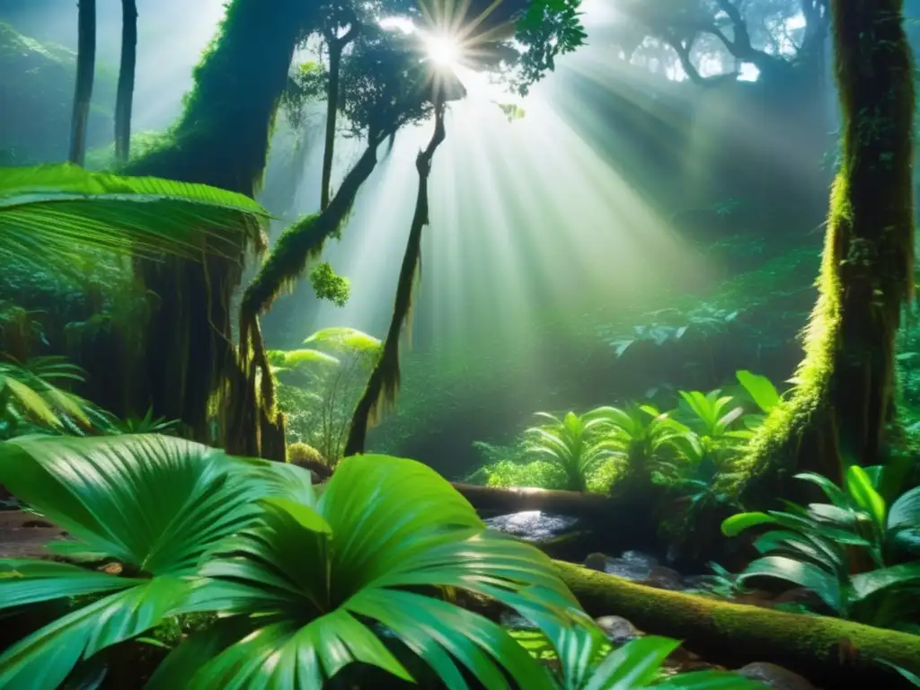 Imagen de un bosque tropical en Hawái con luz filtrada, rocas cubiertas de musgo y la presencia mística de los Mo'o y Menehune