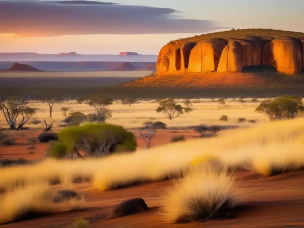 Influencia Dioses Espíritus Australianos en Cultura: paisaje místico y sagrado, rocas adornadas con arte aborigen, oasis brillante y figura solitaria