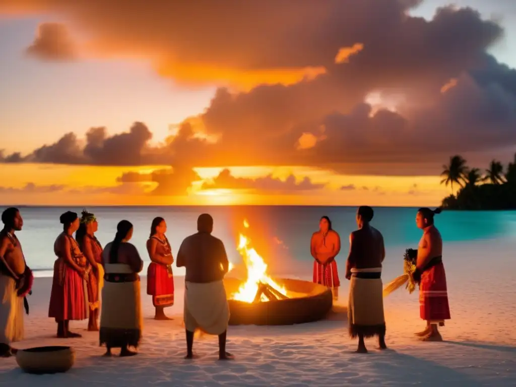 Ritos y misticismo de Tuvalu: ceremonia sagrada de los antiguos habitantes, ataviados con trajes tradicionales, rodeando un fuego