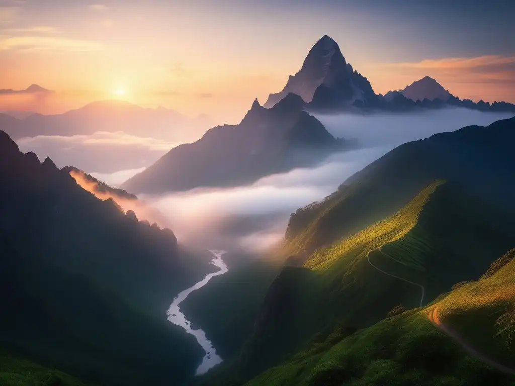 Secretos de los Guardianes Montañas: paisaje de montañas impresionantes envueltas en niebla y bañadas por la suave luz del atardecer