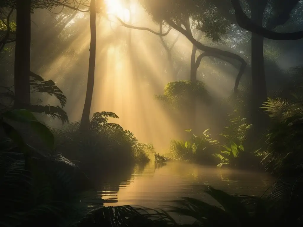 Espíritus de la selva mitológicos en un bosque misterioso y encantador al atardecer