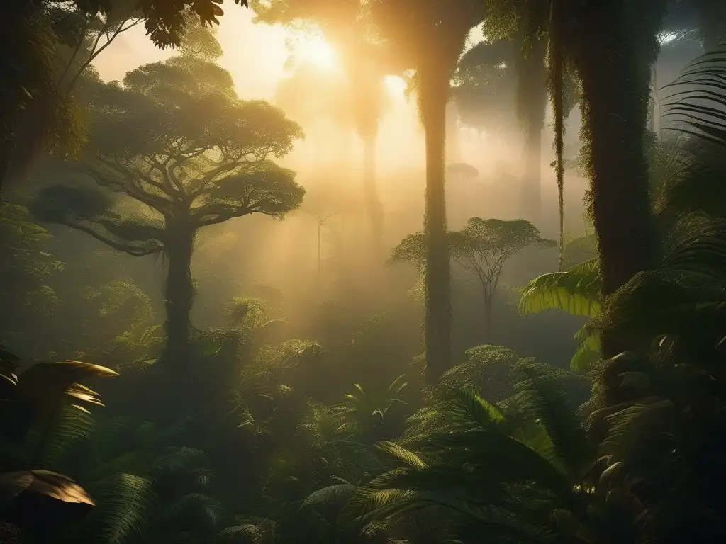 Los chaneques en la selva amazónica: místicos seres entre árboles ancestrales, con ojos brillantes y alas translúcidas