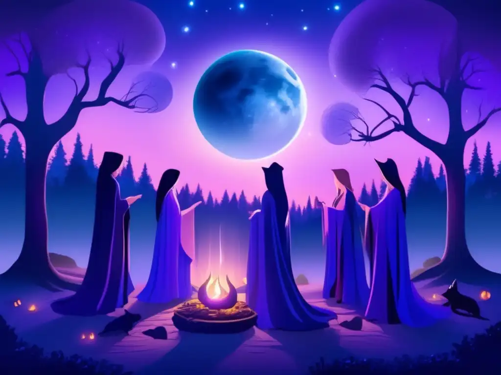 Brujas y la Luna: Aliadas nocturnas en un bosque místico, rodeadas de criaturas mágicas y un resplandor lunar