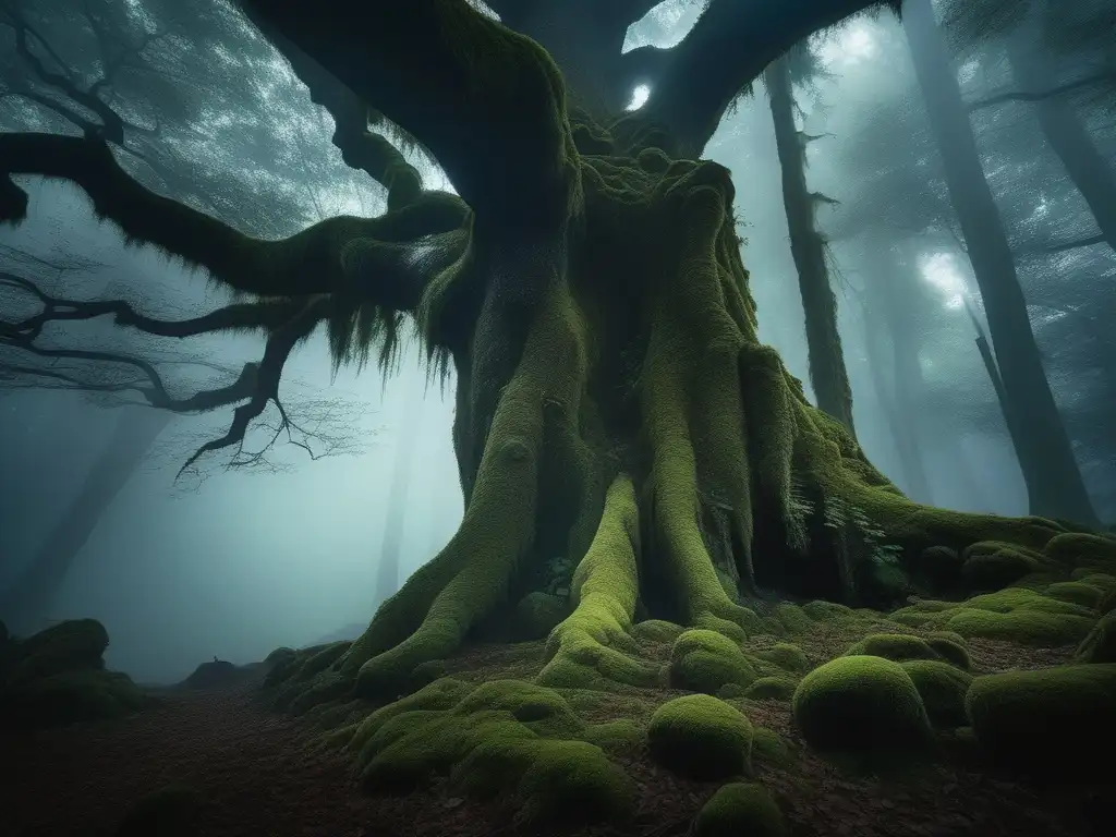 Bosque misterioso con árboles antiguos y un ser mitológico de Asia