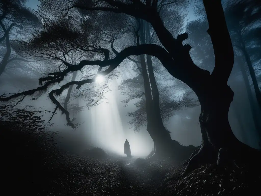 Bosque misterioso con árboles retorcidos, luz lunar y figura enigmática